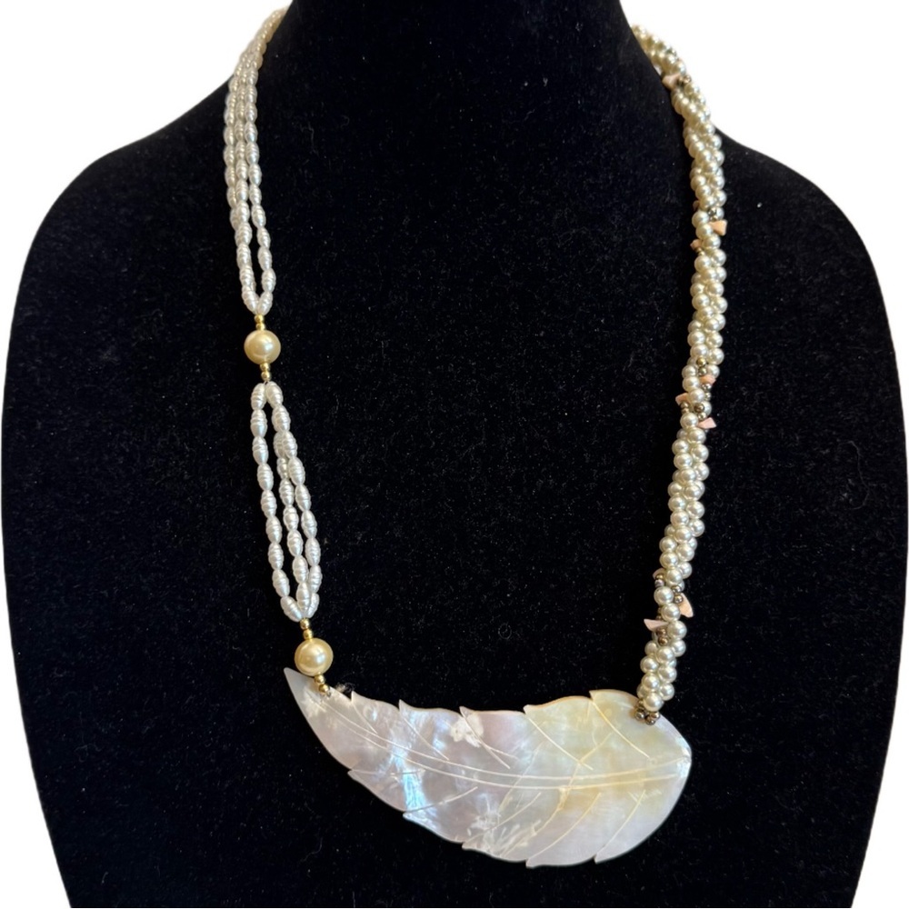 Vintage Carved Abalone Shell Leaf Necklace Torsade Style Faux Pearls and Coral
